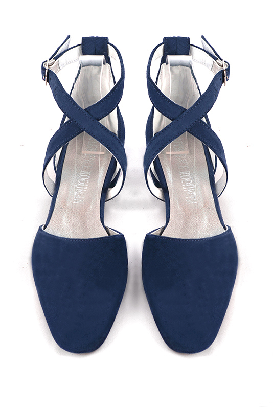 Navy blue women's open side shoes, with crossed straps. Square toe. Flat flare heels. Top view - Florence KOOIJMAN